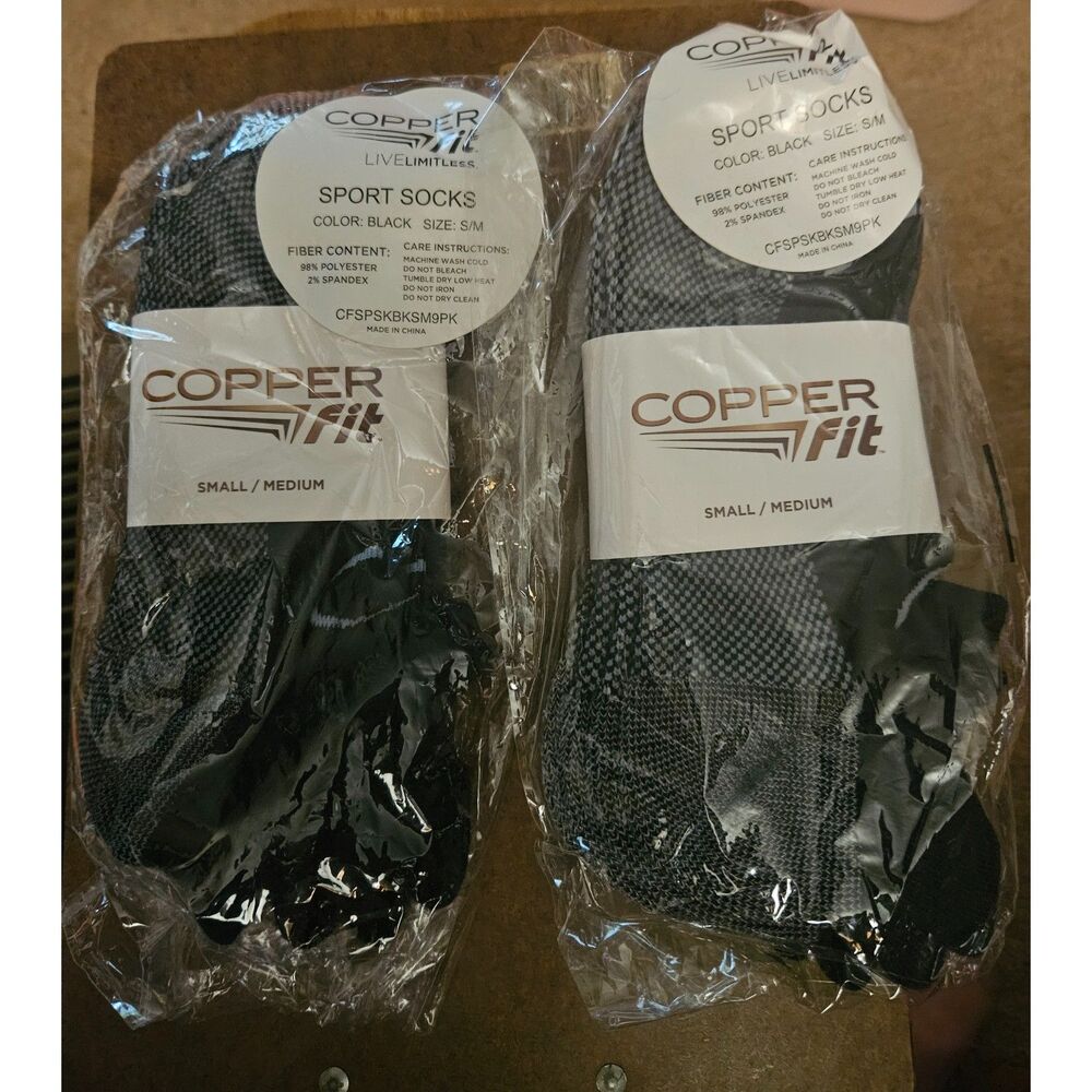 Copper Fit Sport Ankle Compression Socks Black & Gray - 2 Pairs - NWT S/M